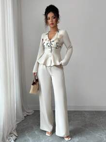 Rafferiza 女士优雅刺绣 V 领长袖女士秋季套装，适合约会、通勤和日常穿着