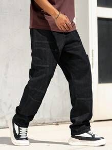 Manfinity Homme Quần Jeans Denim Ống Rộng Phong Cách Đường Phố Đơn Giản Tối Giản Túi Nam Quần Jeans Rộng Baggy Thời Trang Đường Phố - Rửa tối - Xem 3