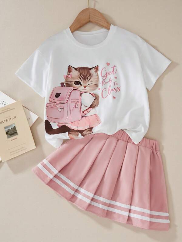 SHEIN 2pcs/Set Girls' Casual Cute Cartoon Cat Print Round Neck Short Sleeve Top And Pleated Skirt Set