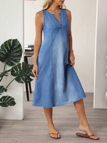 EMERY ROSE Women's Solid Color Notched Collar Patch Pocket Casual Sleeveless Denim Dress