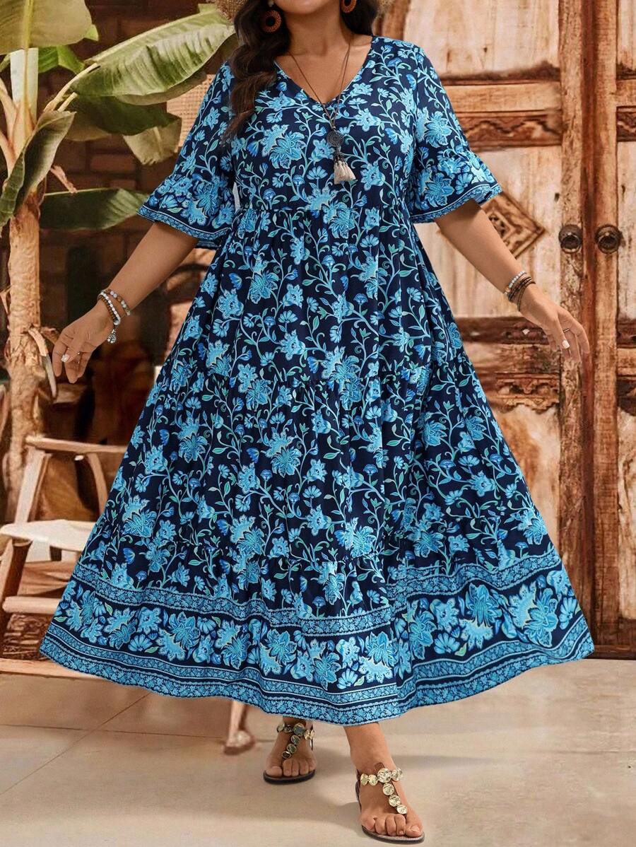 EMERY ROSE Plus Size Women's Floral Print V-Neck Tiered Ruffle Sleeve Long Maxi Dress, Summer Holiday Style Floral Maxi Dress Plus Size Floral Maxi Dress Summer Dresses For Women,Flowy Dress Plus Size Blue Floral Dress Plus Size Boho Dress Plus Size Summer Dress Plus Size Vacation Dress