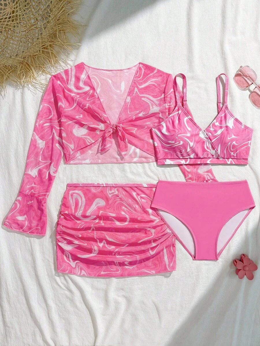 女童渐变波浪印花比基尼套装，4 件套泳衣套装，带罩裙，适合海滩度假，夏季 - 玫紅色 - 查看 1