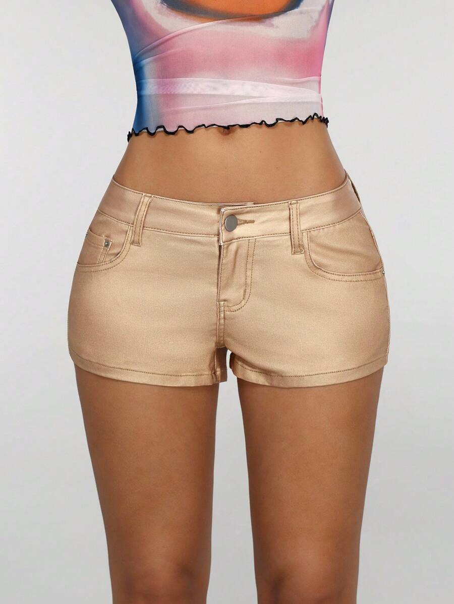 Jeanoix 街头风格镀金卷边低腰短裤 - 金色 - 查看 1