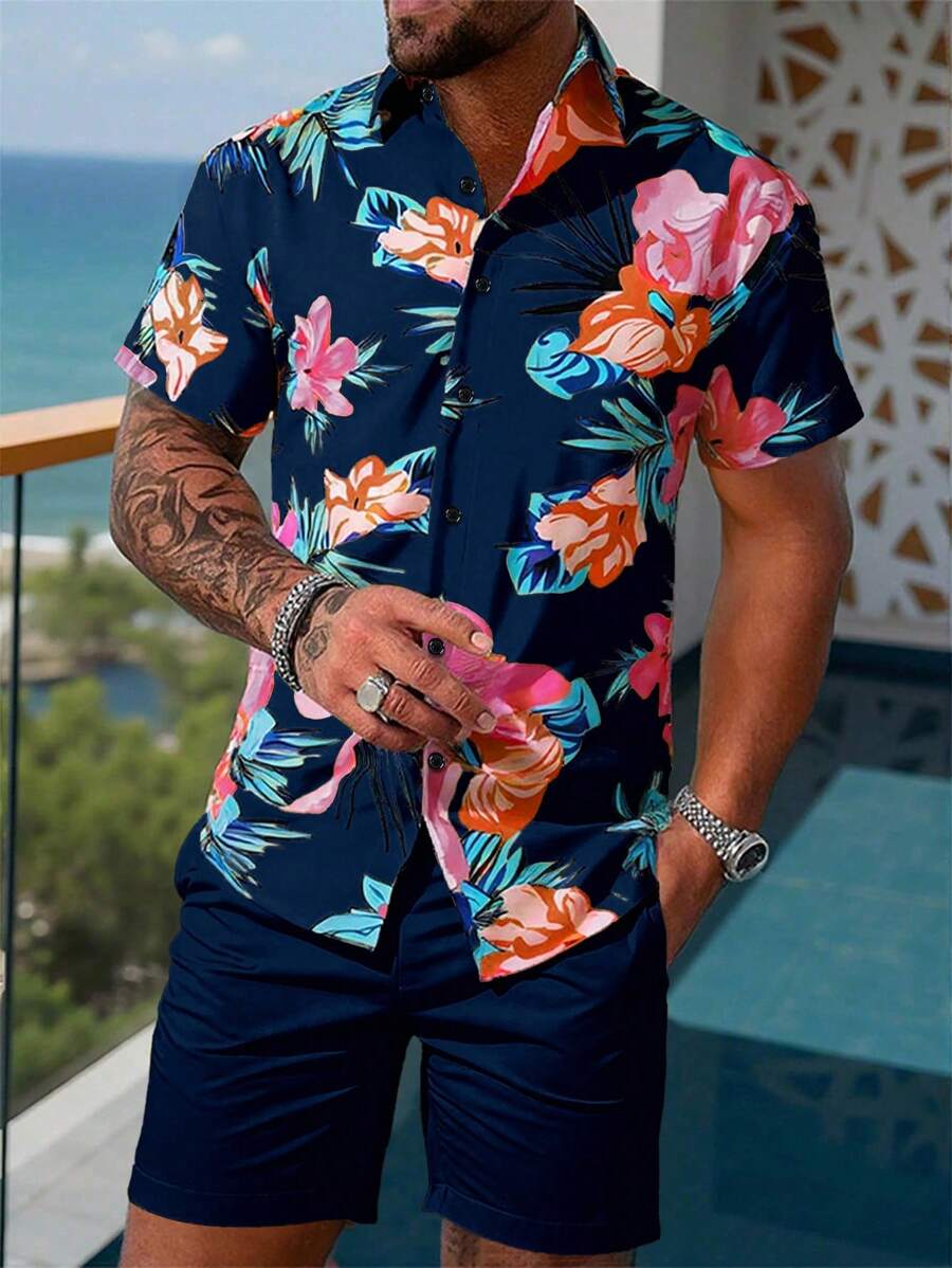 Manfinity RSRT 2 件男士花卉印花纽扣前短袖上衣和短裤套装，休闲，男士两件套服装男士花卉衬衫男士夏威夷印花衬衫男士花衬衫热带男士服装芙蓉衬衫 - 彩色 - 查看 1