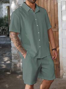 Manfinity Homme Bộ quần short và áo sơ mi tay ngắn màu trơn thường ngày mùa hè cỡ lớn cho nam - Màu xám đen - Xem 3