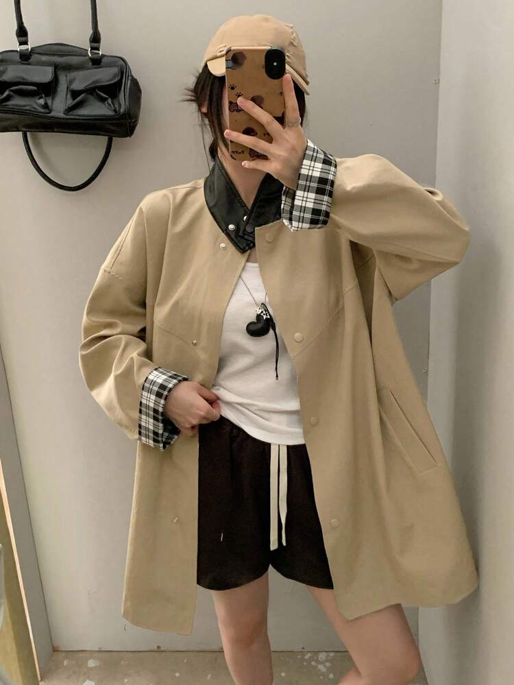 Women's Contrast Color Drop Shoulder Long Sleeve Single-Breasted Loose Casual Jacket Fall,Winter