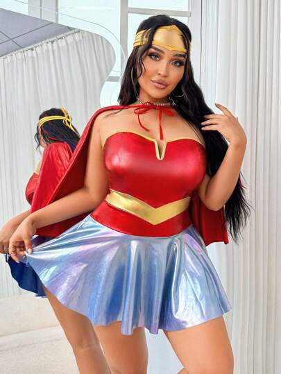 Plus Size 3pcs Set: Deep V Faux Leather Superhero Uniform Dress + Headpiece + Cape, Party Club Dress Cosplay Costumes Adult Costume Superhero Costume