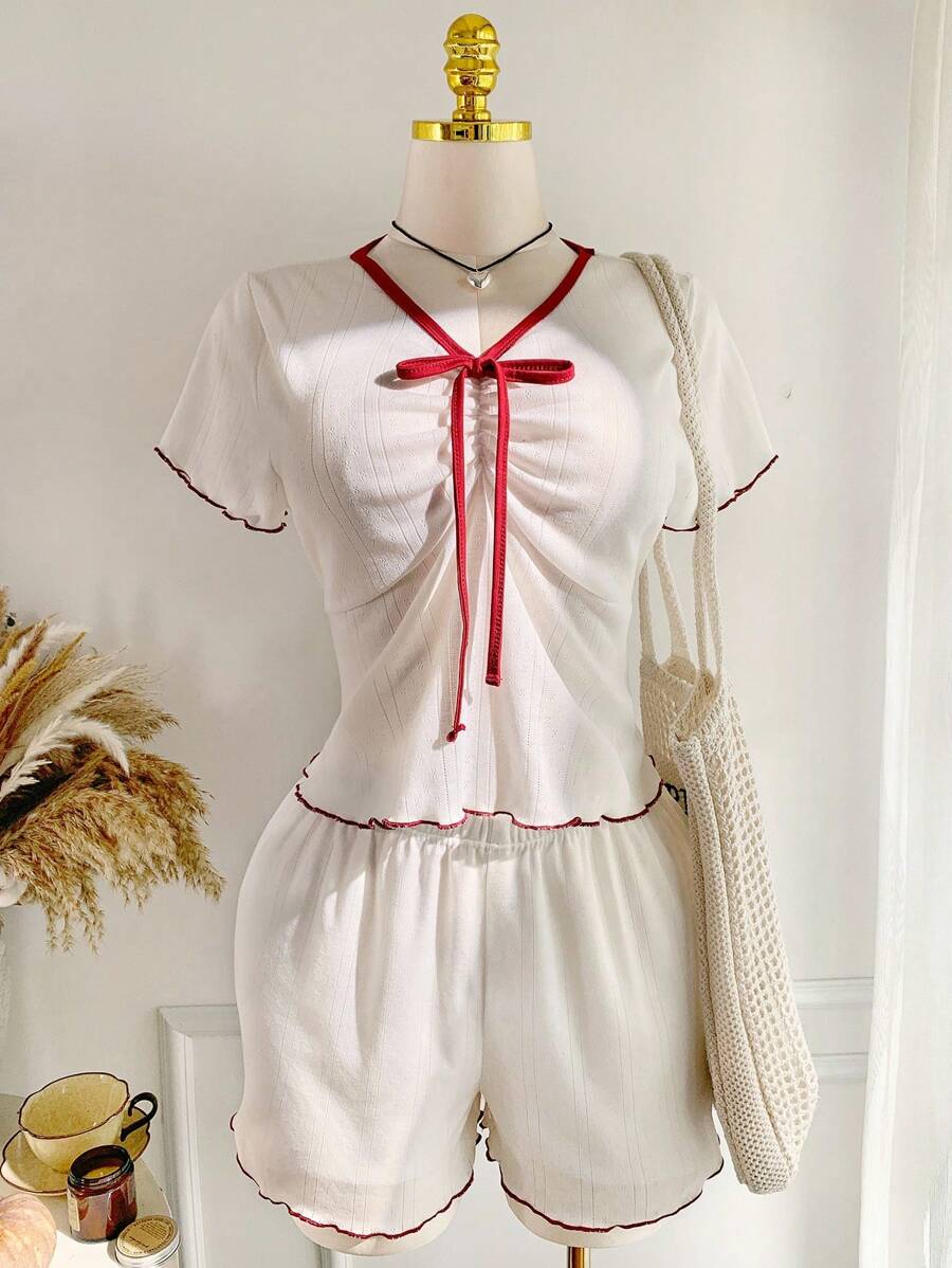 SHEIN EZwear 大码夏季度假休闲针织短袖T恤和短裤两件套 - 白色 - 查看 1