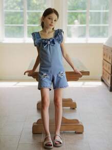 SHEIN Vintaside Kids 寶寶女孩荷葉袖，蝴蝶結，破洞丹寧連身褲