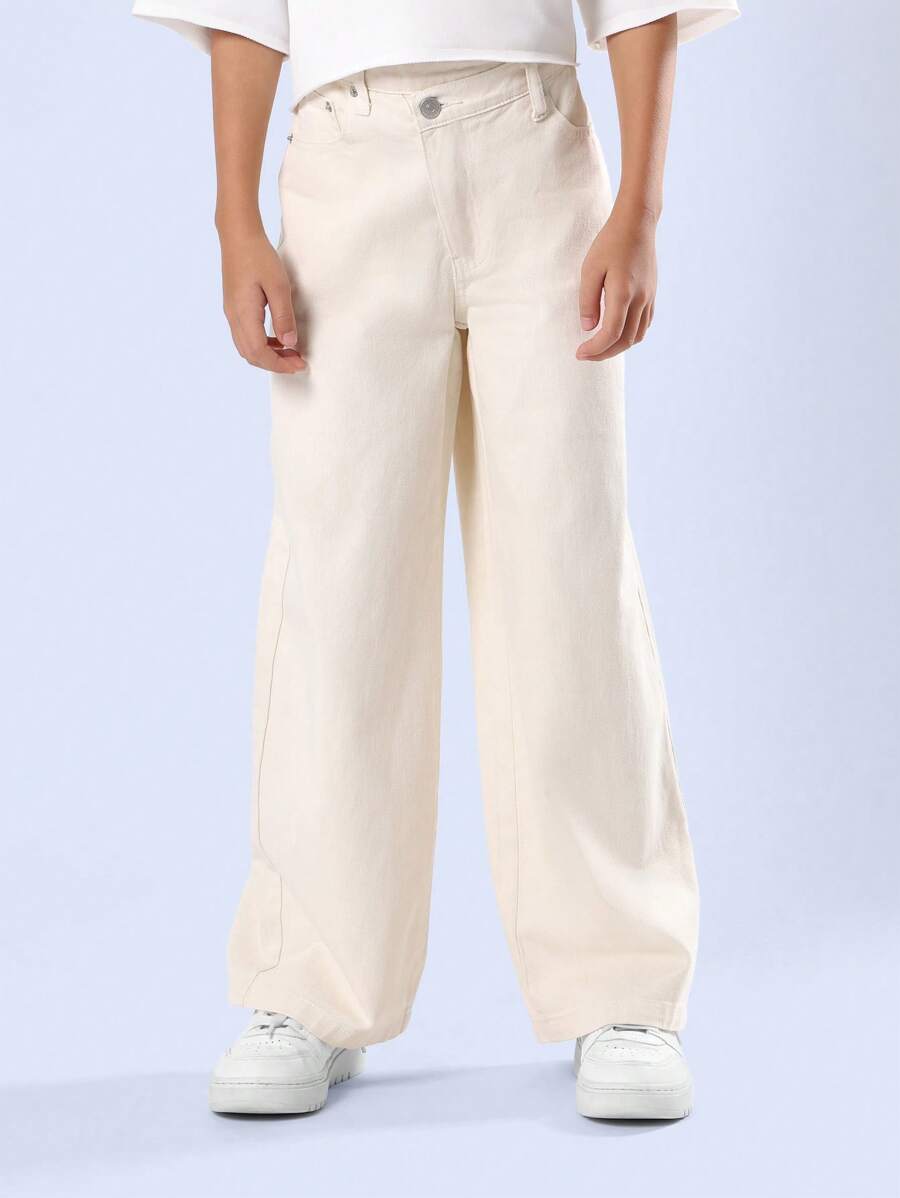 SUMWON Modern High-Rise Wide-Leg Denim Pants Casual Classic Everyday Autumn Winter Jean Collection Relaxed Fashion - Apricot - View 1