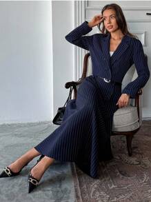 Women Striped And Belted Detailed Skirts - Navy Blue - View 1