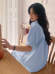 DAZY 女士宽松中长款短袖衬衫裙 夏季女装连衣裙 - 藍色 - 查看 7