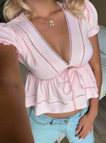 SHEIN EZwear 女士休闲简约纯色V领短袖T恤，腰部收紧设计，适合外出穿着，娃娃衫款式 - 粉色 - 查看 6