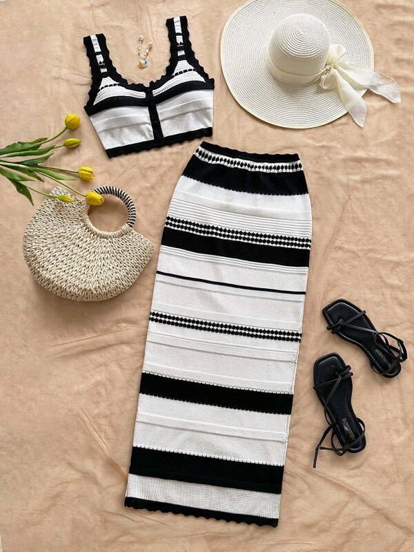 Soleia Set de 2 piezas estilo vacaciones bohemio: Top corto con ribete a rayas de contraste y falda ajustado de talle alto, textura de lino, estilo crochet