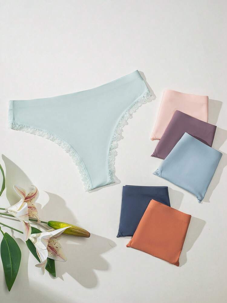 SHEIN 6pcs Women Lace Panel Thong Panties Set - Multicolor - View 3