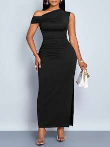 SOLERSUN Women's Plus Size Spring Summer Solid Color Simple Daily Date Elegant Party Asymmetric Oblique-Shoulder Tight-Fitting Long Dress - Black - View 4