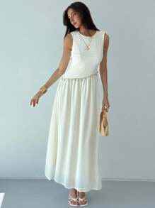 Aloruh Women's Casual Sleeveless Contrast Lace And Sequins Shell Decor Flowy Hem Dress, Summer - Apricot - View 2