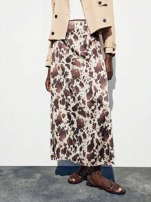 Maija 女士优雅时尚全印花半身裙 动物印花度假服 奶牛印花长裙 - 棕色 - 查看 10