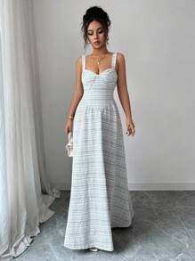 Selianne Sleeveless Square Neck Waist-Cinched A-Line Plaid Fabric Elegant Romantic Women Dress - Black and White - View 4