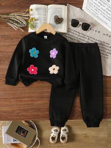 مجموعة بنطلون رياضي بسيط وبلوزة مع تطريز ثلاثي الأبعاد على الطراز الياباني لفتيات صغيرات، طقم ملابس شتوي/خريفي للأطفال - الأسود - مشاهدة 3