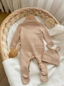 SHEIN Newborn Baby Girls Cute Cartoon Bear Hooded Romper With Hat, Autumn/Winter Fall - Camel - View 2