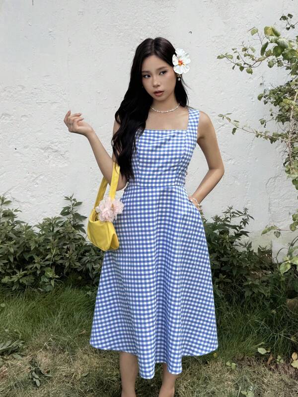 SHEIN Teenager Mädchen elegantes französisches Vintage kariertes Muster Kleid mit Holzknopf Verzierung, knielang