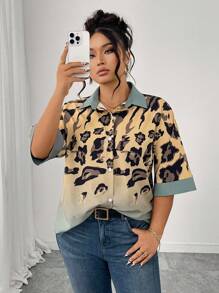 Elenzga 大码女式豹纹短袖前开休闲衬衫，春夏