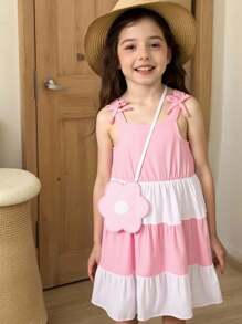 SHEIN Vintaside Kids Young Girl Fresh Color Block Cute Summer Suspender Dress