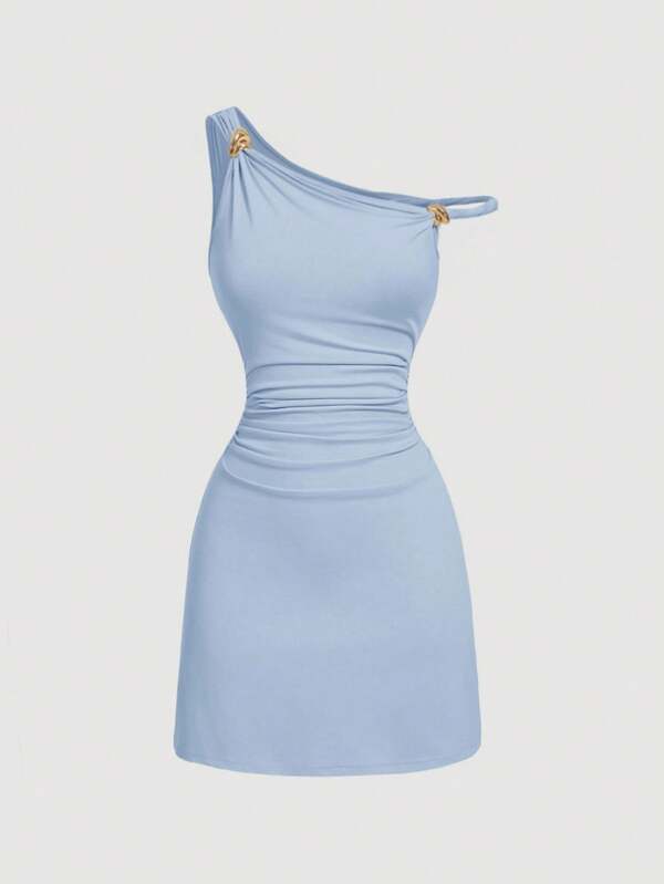 SHEIN MOD Women's Asymmetrical Neckline Ruched Metal Buckle Blue Bodycon Dress