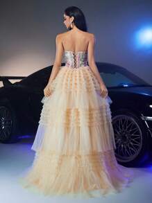 Glamrae Váy xẻ tà gợi cảm nhiều màu ren thêu sequins hoa xếp lớp xếp nếp viền lớn sang trọng thanh lịch, thích hợp cho đám cưới, tiệc tùng, vũ hội, kỳ nghỉ, tiệc tối (được trang trí nhiều) - Màu Khaki - Xem 4