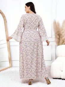 Al Najma Plus Size Vintage Elegant Contrast Color Tie-Up Women Arabic Style Long Dress - Multicolor - View 5