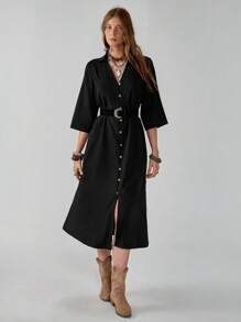 Florisole Women's Boho Button Decorated Dress Casual Outfits Spring - Black - View 4