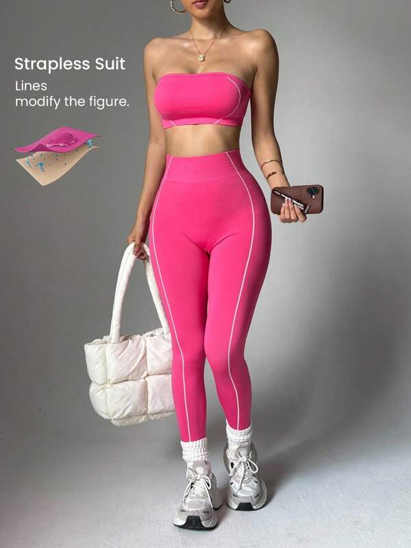 Slayoga Conjunto de sujetador deportivo y leggings sin costuras con estampado de rayas rosadas para mujer