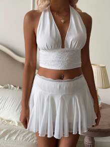 SHEIN EZwear 2件套优雅网眼拼接蕾丝吊带衬衫和迷你裙 - 白色 - 查看 3