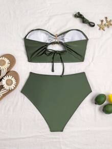Swim Vcay 2pcs Solid Color Modest Swimsuit Set For Women, Slimming Hot Spring Resort Swimwear For Summer Beach Vacation - Army Green - View 2