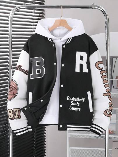 SHEIN Teen Boy Fashion Casual Vacation Colorblock Letter Print Jacket Chic Outfits For Autumn/Winter Fall