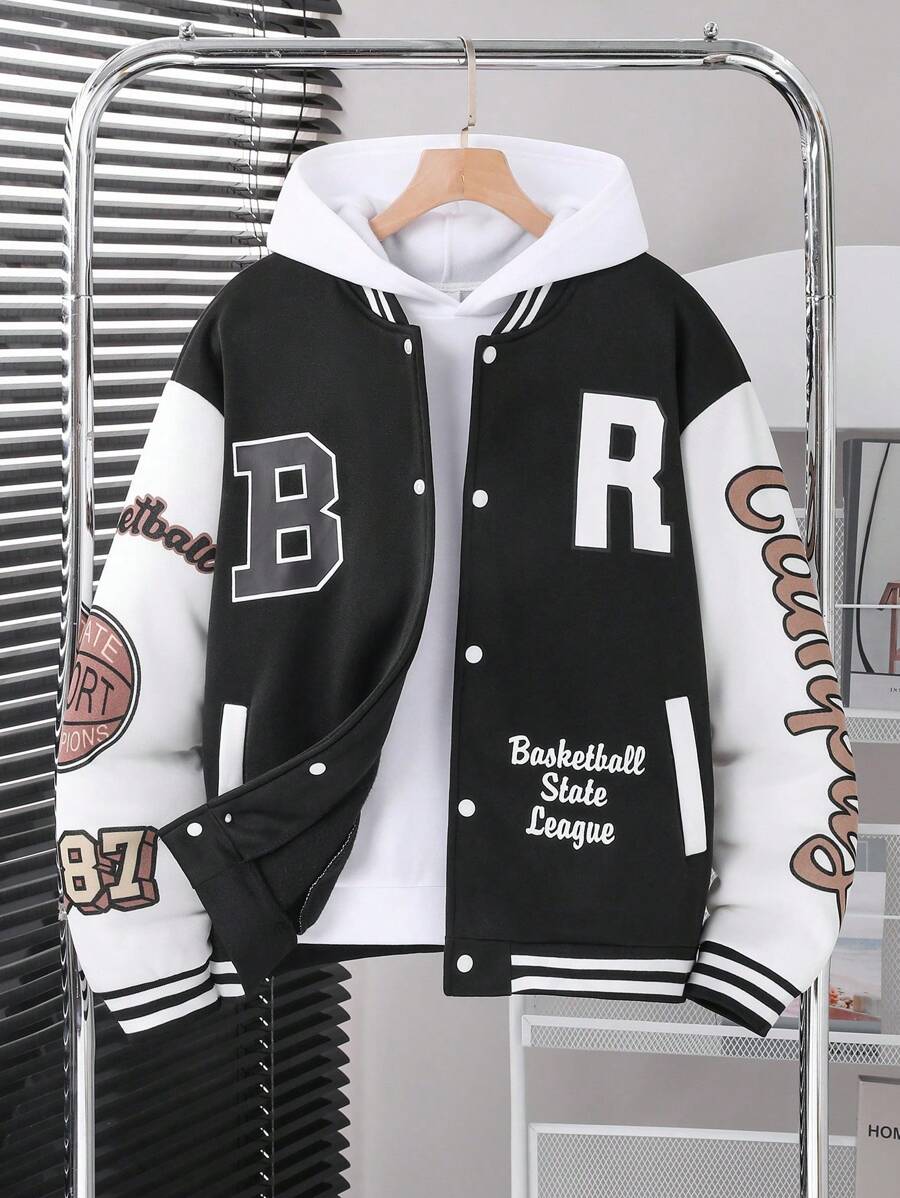 SHEIN Teen Boy Fashion Casual Vacation Colorblock Letter Print Jacket Chic Outfits For Autumn/Winter Fall - Black and White - View 1