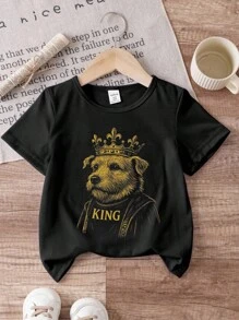Boys' Casual Short Sleeve T-Shirt With Dog King Crown Graphic, All Season - Black - View 5