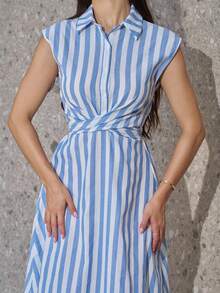 Andrea Bello Women's Elegant Solid Color Cross Blue And White Striped A-Line Dress. Mid-Length Shirt Striped Dress. Spring And Summer Weddings. Music Festivals. Teachers' Day. Commuting. Graduation. Quarter Vacations. Teachers' Day Style. Mother's Day. Elegant. Old Money Style