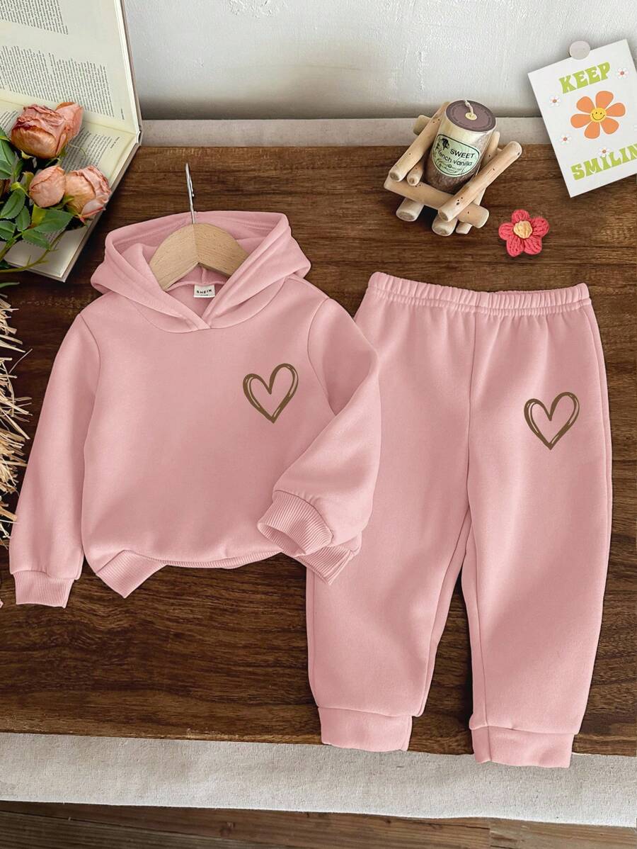 SHEIN 女婴针织柔软连帽衫和裤子套装，休闲宽松长袖运动服，适合秋冬季 - 粉色 - 查看 1