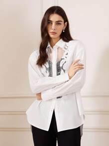 Briarwyn 女士优雅材质拼接透明提花立领衬衫女衬衫，长袖上衣女式贴花做旧透明长袖衬衫，春秋季，优雅通勤女士白色天丝花卉蕾丝拼接衬衫，商务休闲，老款服装 - 白色 - 查看 7