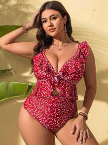 Swim Mod Plus Size Women 1-Piece Adjustable Random Heart Print Ruffled One Piece Swimsuit, Slimming & Suitable For Daily, Holiday, For Summer Beach Vacation