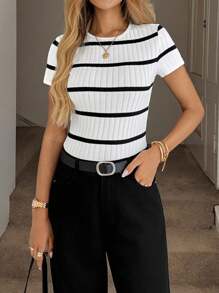 Easowa Camiseta ajustada de mujer de cuello redondo, de tela jacquard texturizada, uso casual y cómodo para el hogar, vacaciones y salidas