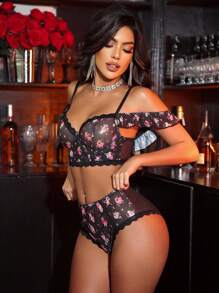 SHEIN Bộ đồ lót lưới có gọng họa tiết hoa 2 món dành cho nữ khi đi chơi - màu đen - Xem 1