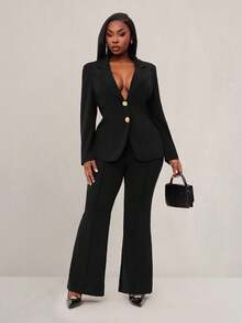 Radiana Women's Elegant Business Black Long Sleeve Suit Set, Gold Button Decor Waist Fitted Blazer + Slim Flare Pants 2 Pieces Outfit, Casual Business Attire Suitable For Commuting, Office, Workplace, Party, Daily Wear, Formal Occasions, Slim Fit, Figure Flattering - Black - View 8