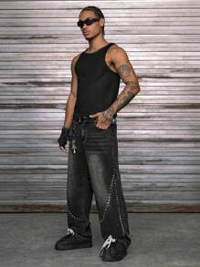 AXEPEAK 男式纯色铆钉装饰罗纹圆领黑色背心