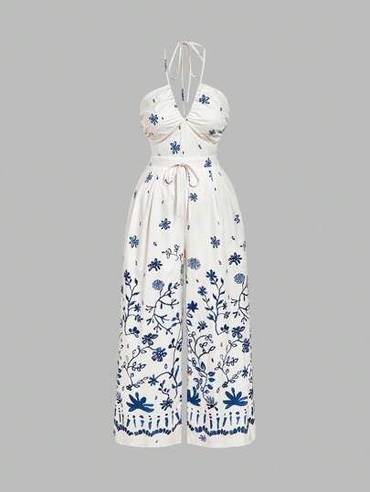 SHEIN MOD Mono informal de talla grande para mujer con estampado de ubicación de vacaciones azul, diseño de cierre de cintura, busto ajustable con cordón