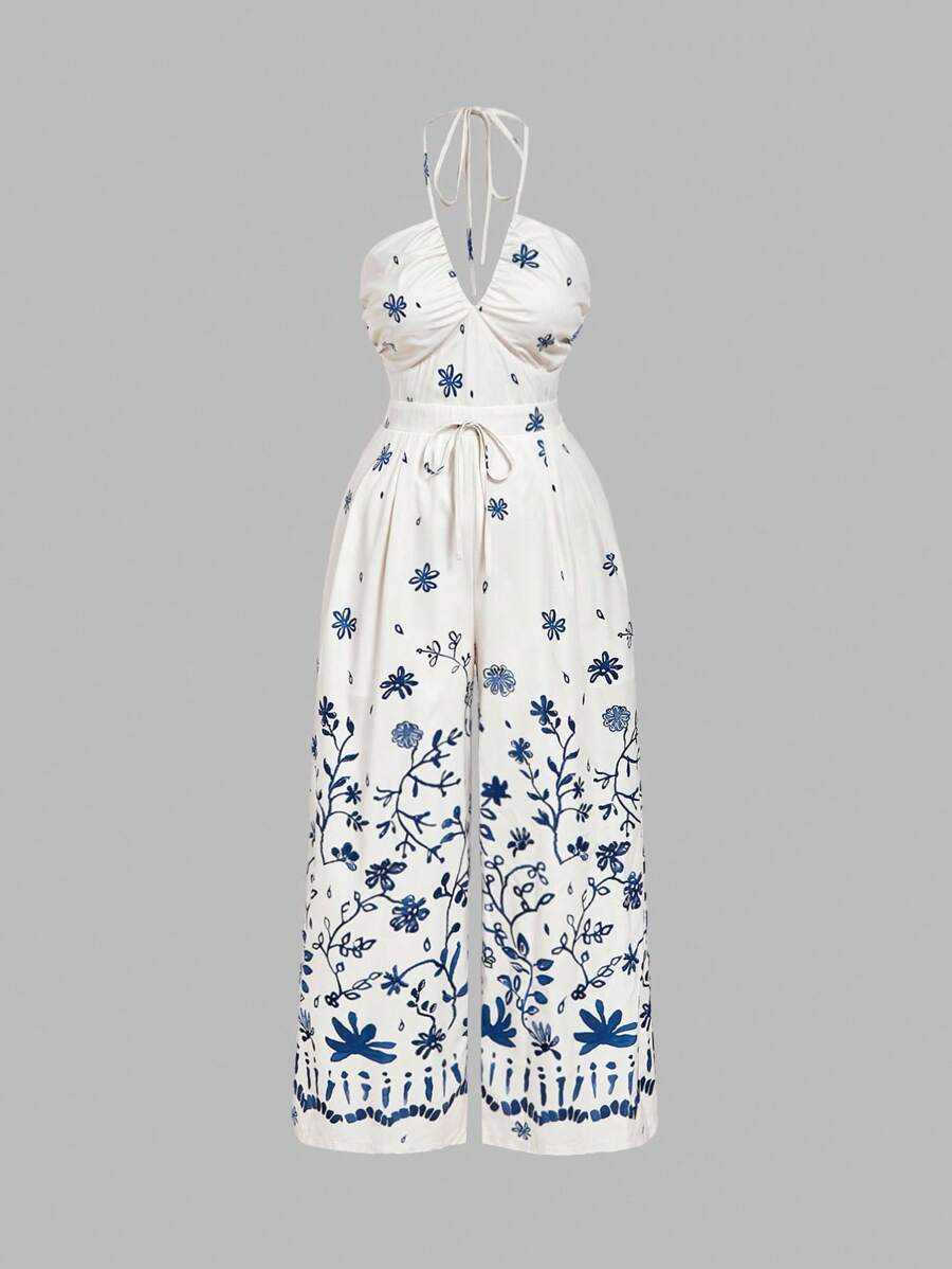 SHEIN MOD Mono informal de talla grande para mujer con estampado de ubicación de vacaciones azul, diseño de cierre de cintura, busto ajustable con cordón - Multicolor - Ver 1