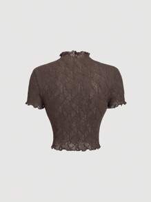 SHEIN MOD Women's Round Neck Puff Sleeve Solid Color Knit Textured Sheer Casual T-Shirt