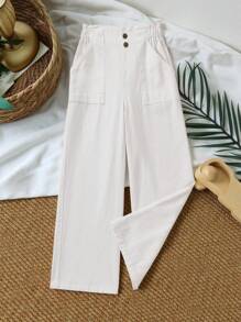 SHEIN Cô gái Tween Giải trí Eo cao quần ống rộng Quần jean Với Lớn Túi Và Xếp , Thích hợp Đối với Mặc hàng ngày Và bờ biển Kỳ nghỉ - trắng - Xem 3